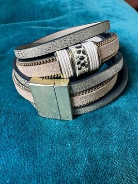 Faux Leather Wrap Bracelet w/Gold, Rhinestone, Animal Print Embellishments